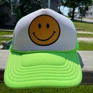 OTTO Neon Green and White Trucker Hat with Yellow Smiley Patch